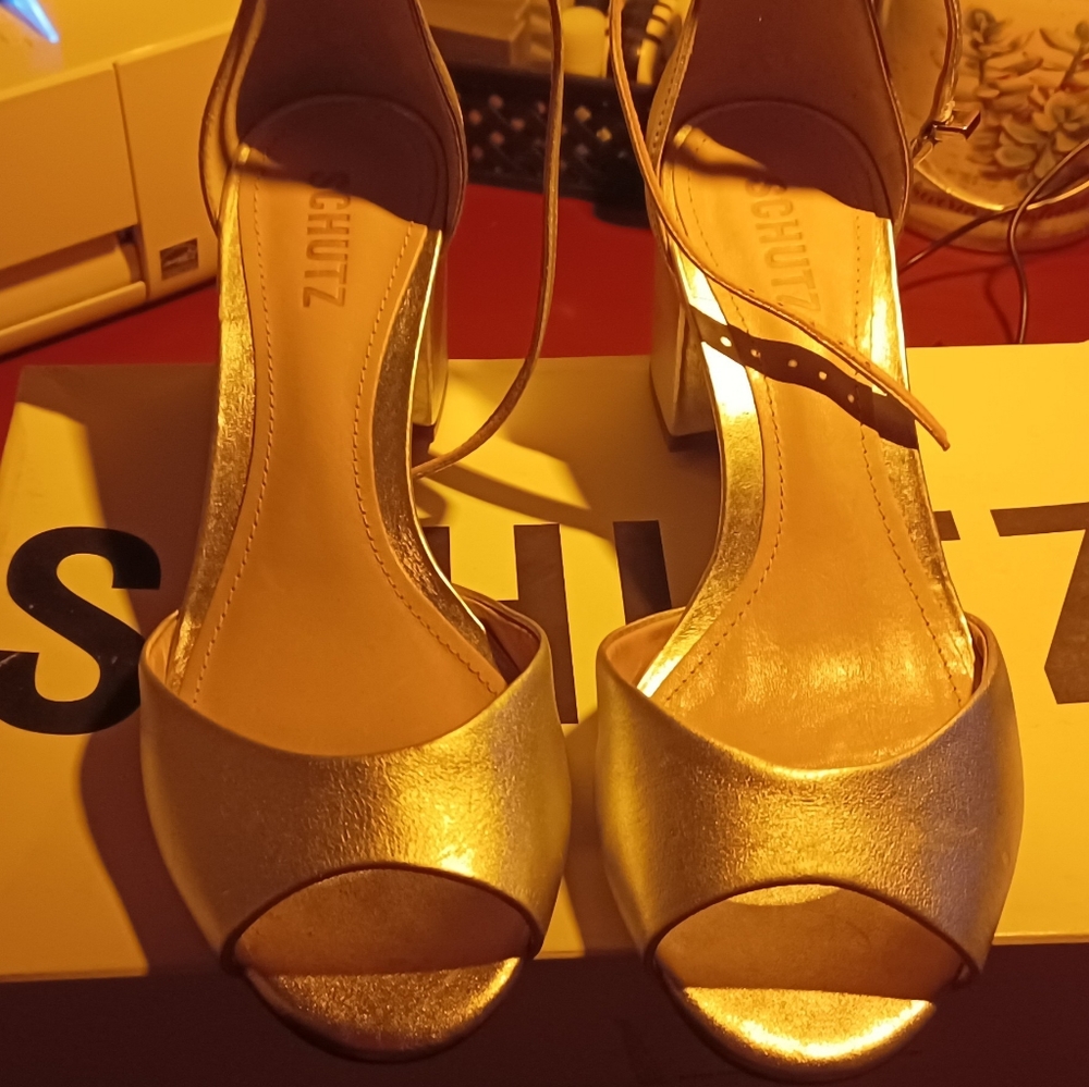 Schutz Shoes Roama Silver Open Toe Metallic Heels